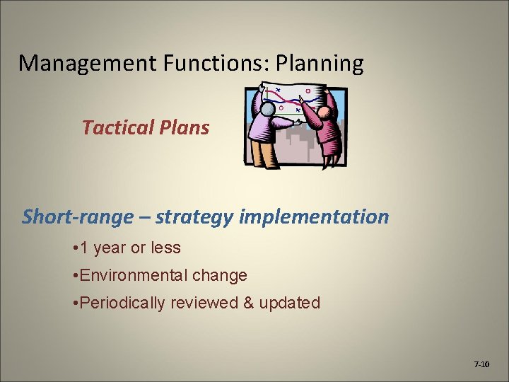 Management Functions: Planning Tactical Plans Short-range – strategy implementation • 1 year or less