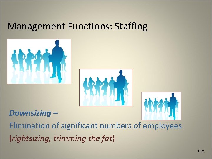 Management Functions: Staffing Downsizing – Elimination of significant numbers of employees (rightsizing, trimming the