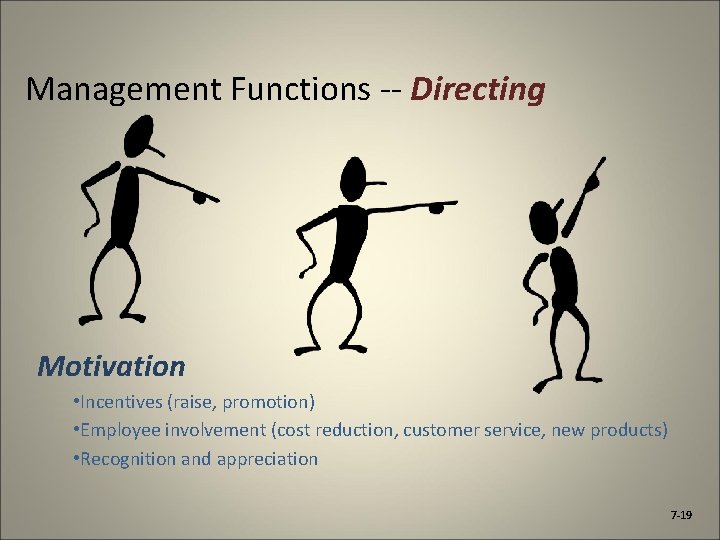 Management Functions -- Directing Motivation • Incentives (raise, promotion) • Employee involvement (cost reduction,