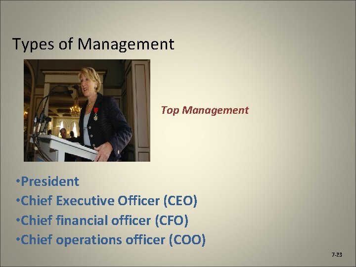 Types of Management Top Management • President • Chief Executive Officer (CEO) • Chief