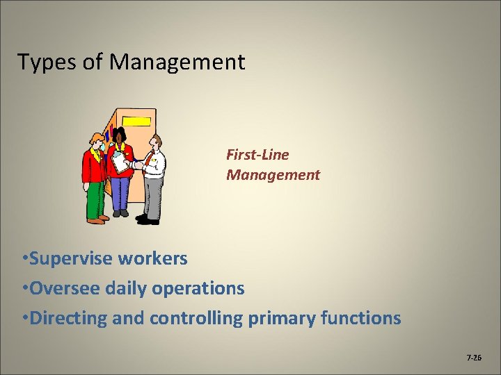 Types of Management First-Line Management • Supervise workers • Oversee daily operations • Directing