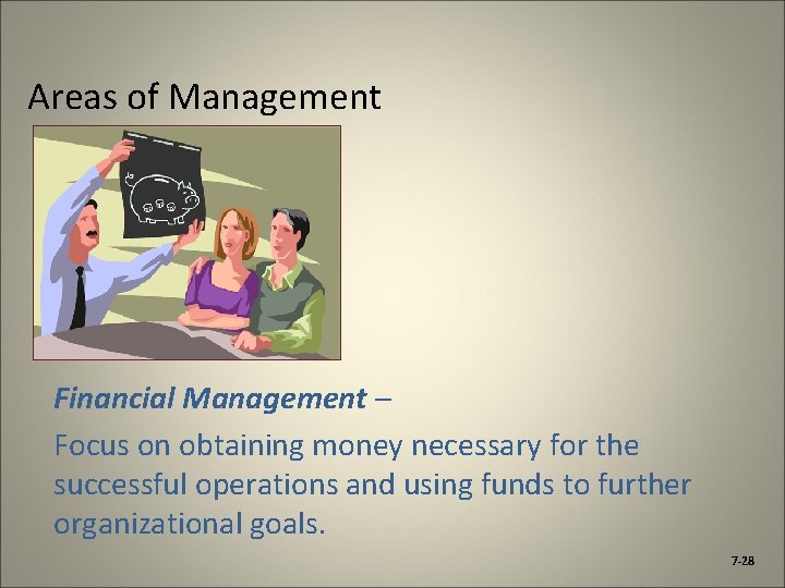 Areas of Management Financial Management – Focus on obtaining money necessary for the successful