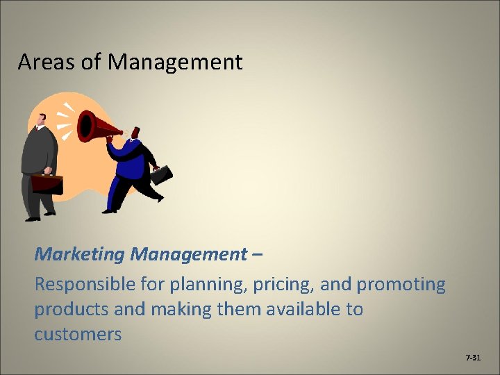 Areas of Management Marketing Management – Responsible for planning, pricing, and promoting products and