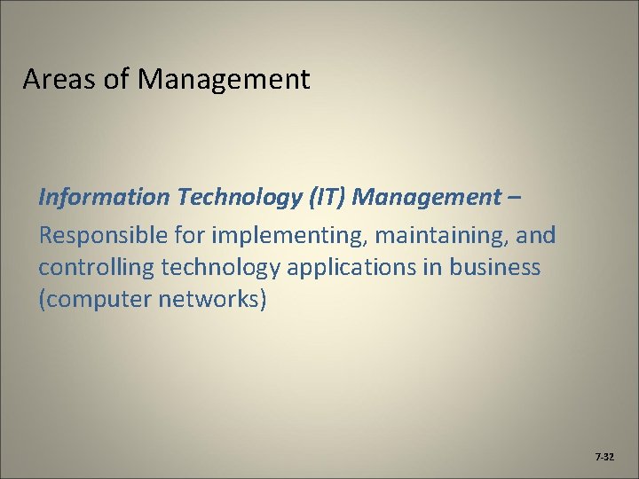 Areas of Management Information Technology (IT) Management – Responsible for implementing, maintaining, and controlling