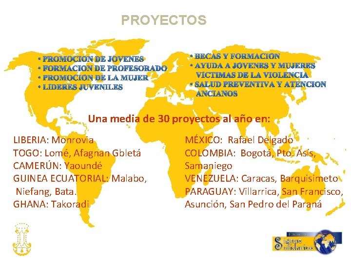 PROYECTOS Una media de 30 proyectos al año en: LIBERIA: Monrovia TOGO: Lomé, Afagnan