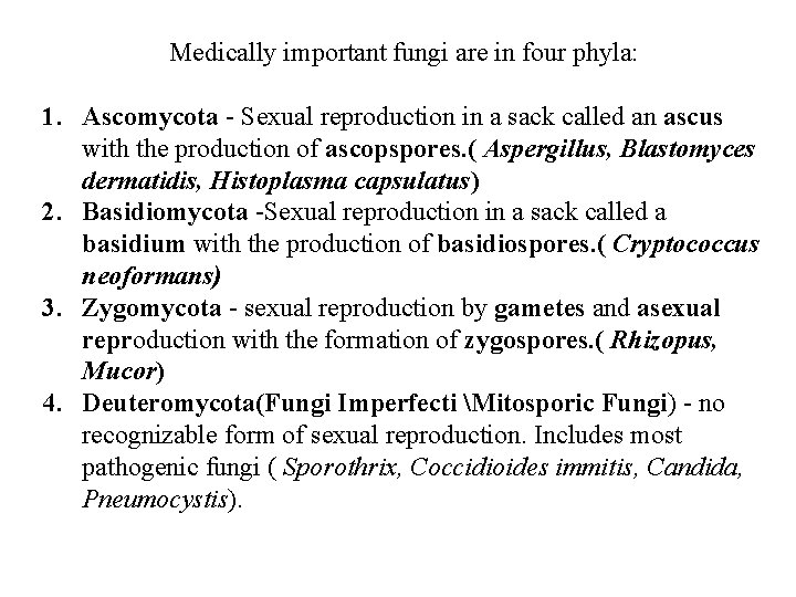 Medically important fungi are in four phyla: 1. Ascomycota - Sexual reproduction in a