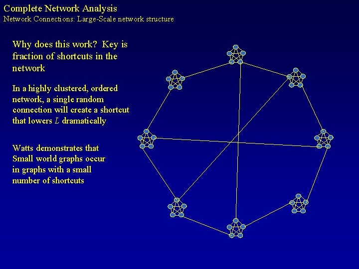 Complete Network Analysis Network Connections: Large-Scale network structure Why does this work? Key is