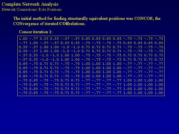 Complete Network Analysis Network Connections: Role Positions The initial method for finding structurally equivalent