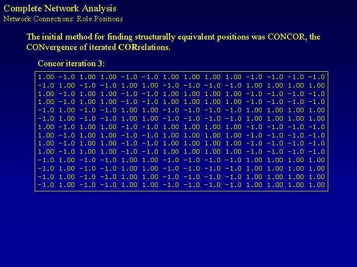 Complete Network Analysis Network Connections: Role Positions The initial method for finding structurally equivalent