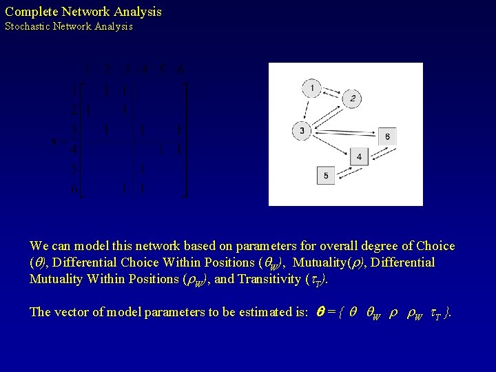 Complete Network Analysis Stochastic Network Analysis We can model this network based on parameters