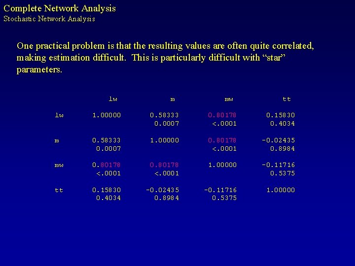Complete Network Analysis Stochastic Network Analysis One practical problem is that the resulting values