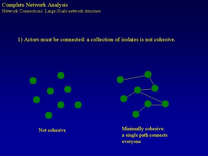 Complete Network Analysis Network Connections: Large-Scale network structure 1) Actors must be connected: a