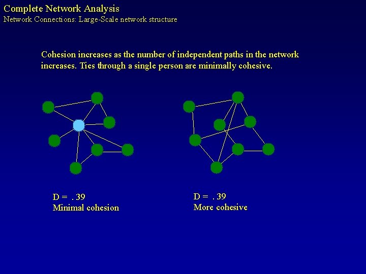 Complete Network Analysis Network Connections: Large-Scale network structure Cohesion increases as the number of