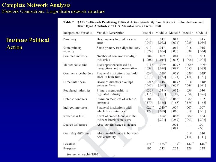 Complete Network Analysis Network Connections: Large-Scale network structure Business Political Action 
