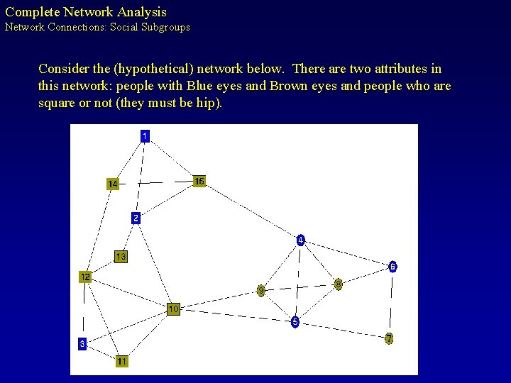 Complete Network Analysis Network Connections: Social Subgroups Consider the (hypothetical) network below. There are