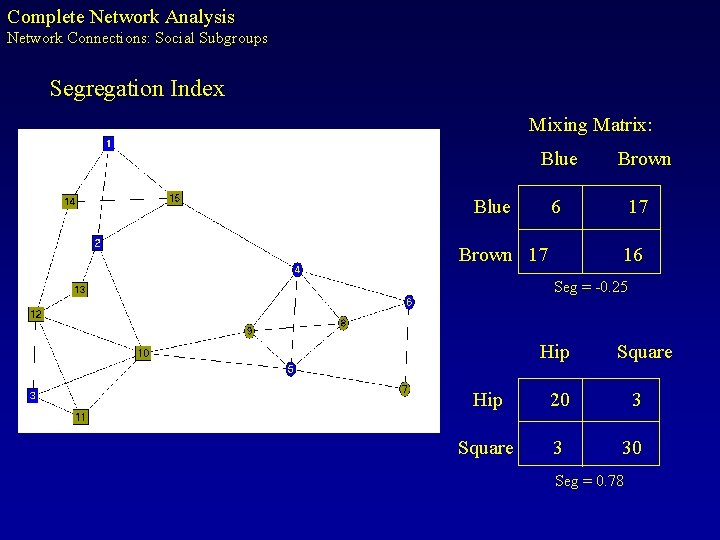 Complete Network Analysis Network Connections: Social Subgroups Segregation Index Mixing Matrix: Blue Brown Blue