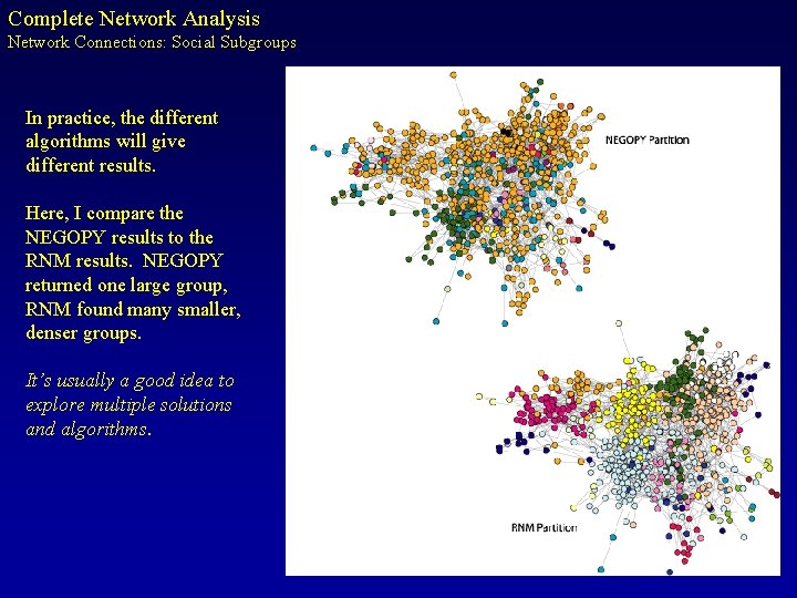Complete Network Analysis Network Connections: Social Subgroups In practice, the different algorithms will give