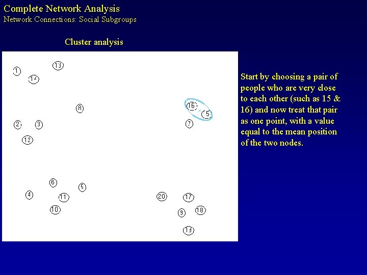 Complete Network Analysis Network Connections: Social Subgroups Cluster analysis x Start by choosing a