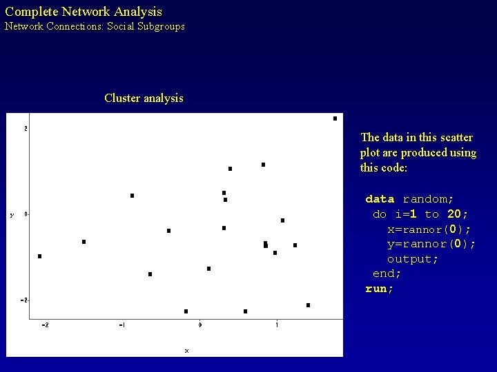 Complete Network Analysis Network Connections: Social Subgroups Cluster analysis The data in this scatter