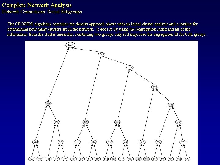 Complete Network Analysis Network Connections: Social Subgroups The CROWDS algorithm combines the density approach