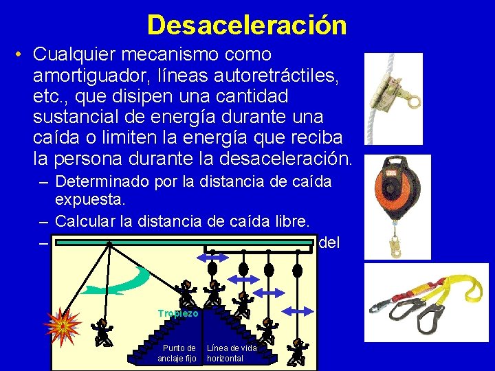 Desaceleración • Cualquier mecanismo como amortiguador, líneas autoretráctiles, etc. , que disipen una cantidad