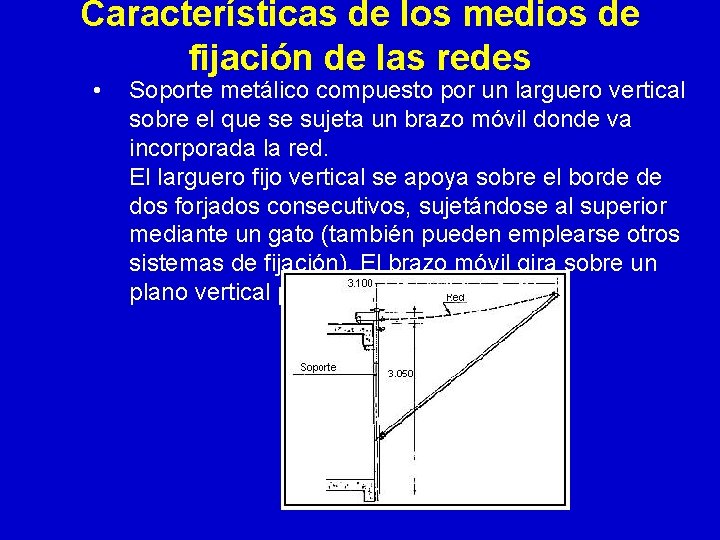 Características de los medios de fijación de las redes • Soporte metálico compuesto por