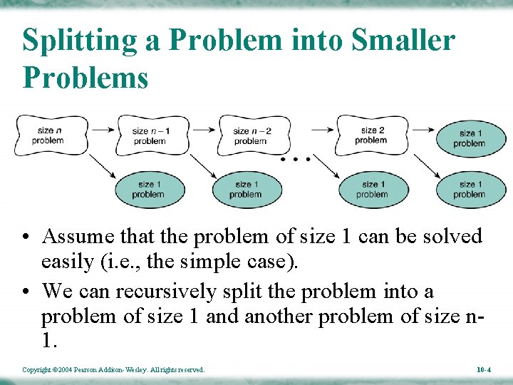 Splitting a Problem into Smaller Problems • Assume that the problem of size 1