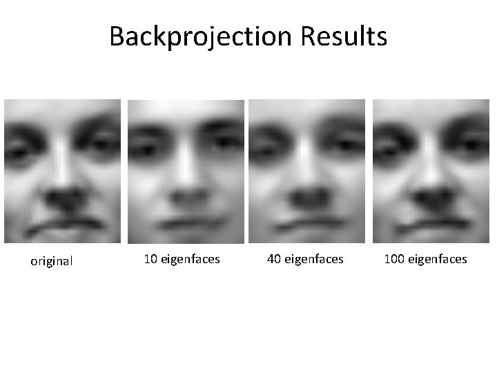 Backprojection Results original 10 eigenfaces 40 eigenfaces 100 eigenfaces 