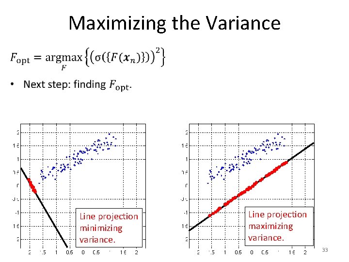 Maximizing the Variance Line projection minimizing variance. Line projection maximizing variance. 33 