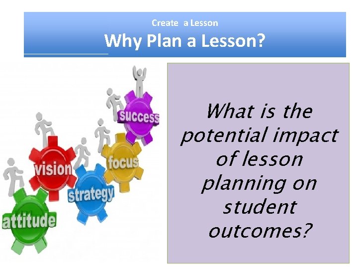 Create a Lesson Why Plan a Lesson? What is the potential impact of lesson