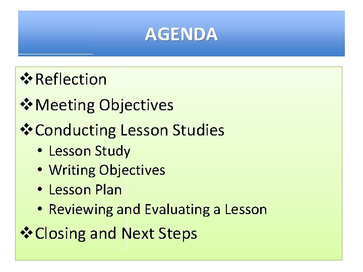 AGENDA v. Reflection v. Meeting Objectives v. Conducting Lesson Studies • • Lesson Study