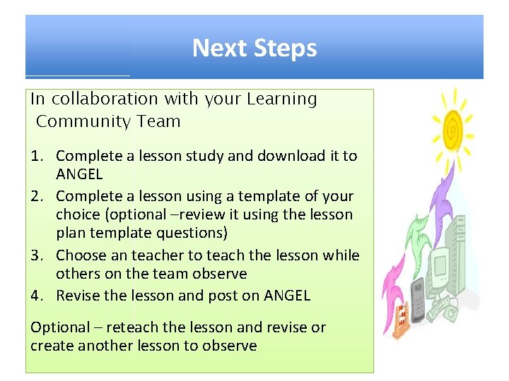 Next Steps In collaboration with your Learning Community Team 1. Complete a lesson study