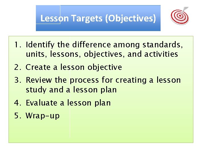 Lesson Targets (Objectives) 1. Identify the difference among standards, units, lessons, objectives, and activities