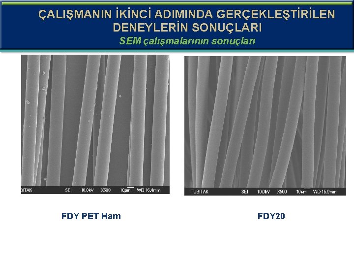 ÇALIŞMANIN İKİNCİ ADIMINDA GERÇEKLEŞTİRİLEN DENEYLERİN SONUÇLARI SEM çalışmalarının sonuçları b) c) FDY PET Ham