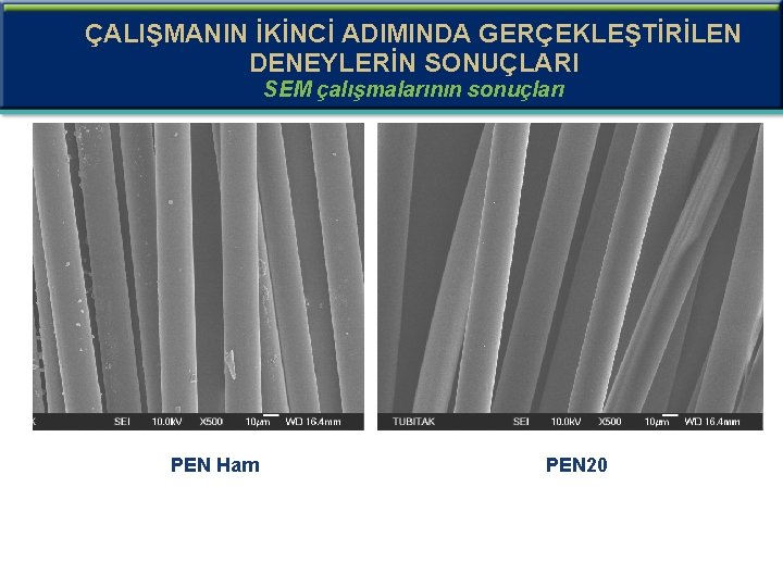 ÇALIŞMANIN İKİNCİ ADIMINDA GERÇEKLEŞTİRİLEN DENEYLERİN SONUÇLARI SEM çalışmalarının sonuçları PEN Ham PEN 20 