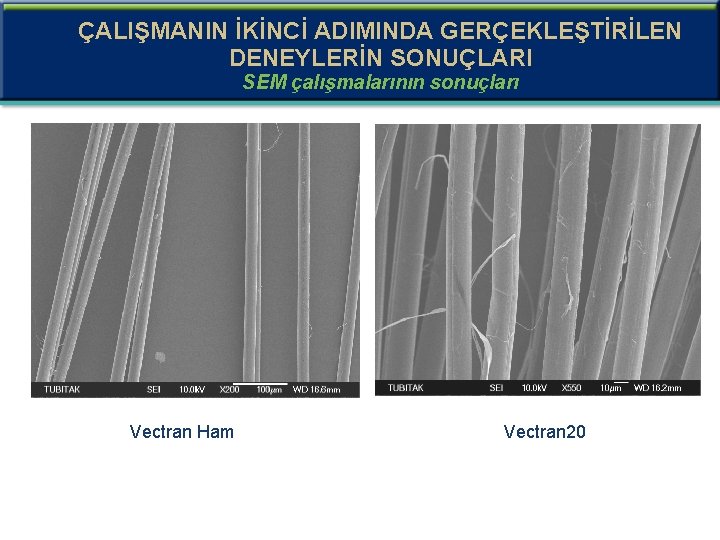 ÇALIŞMANIN İKİNCİ ADIMINDA GERÇEKLEŞTİRİLEN DENEYLERİN SONUÇLARI SEM çalışmalarının sonuçları Vectran Ham Vectran 20 