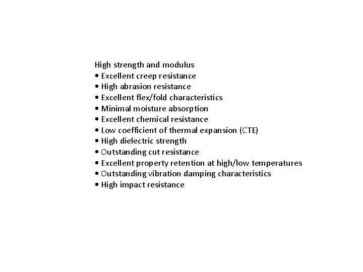 High strength and modulus • Excellent creep resistance • High abrasion resistance • Excellent