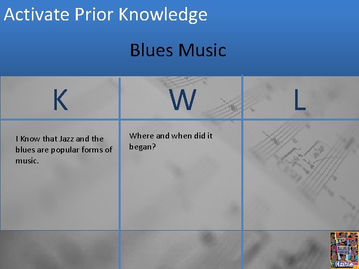 Activate Prior Knowledge Blues Music K I Know that Jazz and the blues are