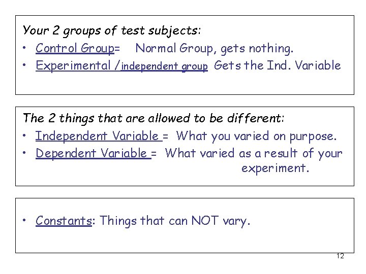 Your 2 groups of test subjects: • Control Group= Normal Group, gets nothing. •