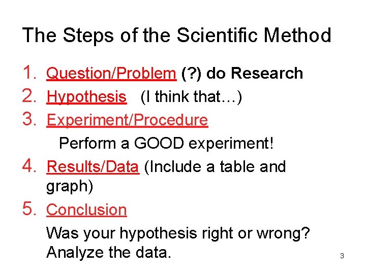 The Steps of the Scientific Method 1. Question/Problem (? ) do Research 2. Hypothesis
