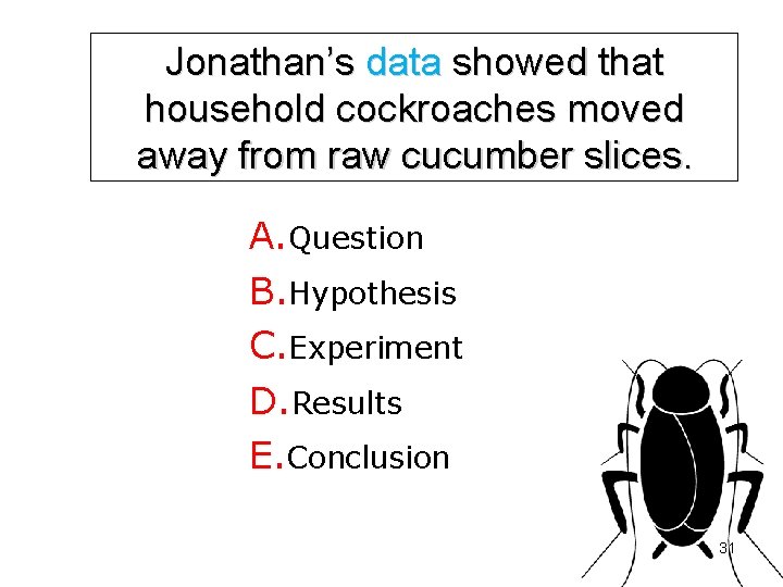 Jonathan’s data showed that household cockroaches moved away from raw cucumber slices. A. Question