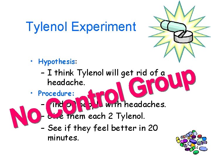 Tylenol Experiment • Hypothesis: – I think Tylenol will get rid of a headache.