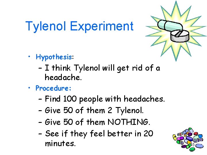 Tylenol Experiment • Hypothesis: – I think Tylenol will get rid of a headache.