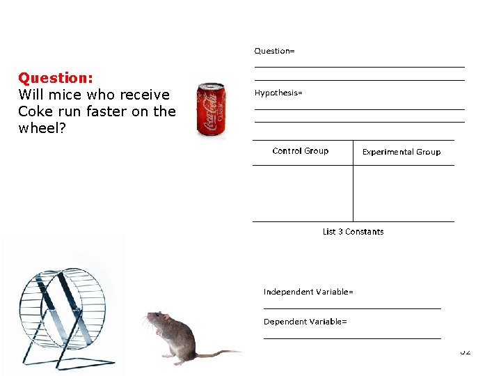 Question: Will mice who receive Coke run faster on the wheel? 52 