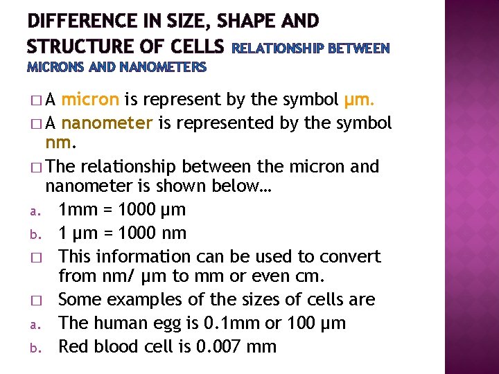 DIFFERENCE IN SIZE, SHAPE AND STRUCTURE OF CELLS RELATIONSHIP BETWEEN MICRONS AND NANOMETERS �A