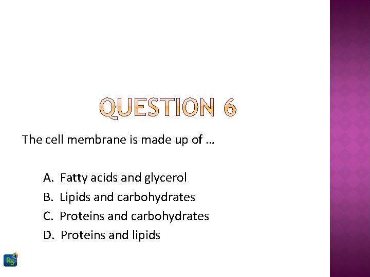 The cell membrane is made up of … A. B. C. D. Fatty acids