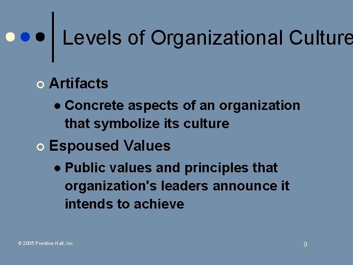 Levels of Organizational Culture ¢ Artifacts l ¢ Concrete aspects of an organization that