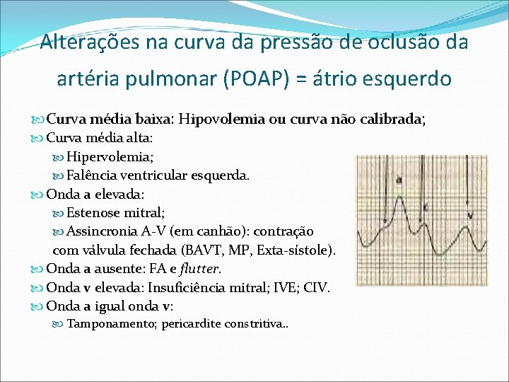 Alterações na curva da pressão de oclusão da artéria pulmonar (POAP) = átrio esquerdo
