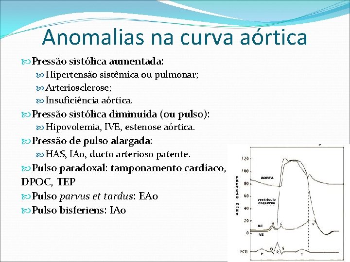 Anomalias na curva aórtica Pressão sistólica aumentada: Hipertensão sistêmica ou pulmonar; Arteriosclerose; Insuficiência aórtica.