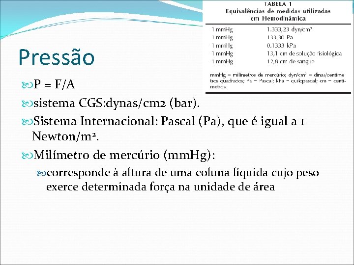 Pressão P = F/A sistema CGS: dynas/cm 2 (bar). Sistema Internacional: Pascal (Pa), que